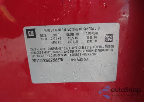 2014 Chevrolet Impala 2Lz z USA, uszkodzony, nr VIN 2G1155S39E9285670